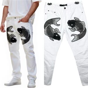 32/32 Koi‎ Fish Embroidered White Jeans